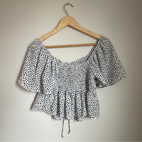 Altar'd State White and Black Puff Sleeve Blouse with Tie Front - Picture 2 of 3